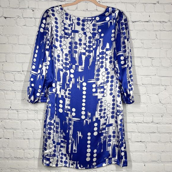 Dress Limited Collection 100% Silk Size 4 Mini Round Neck Geo Blue Flowy Soft - Picture 8 of 11